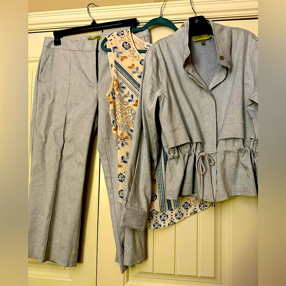 Sigrid Olsen 3 piece set linen jacket, wide leg capri pant, & blouse Size large